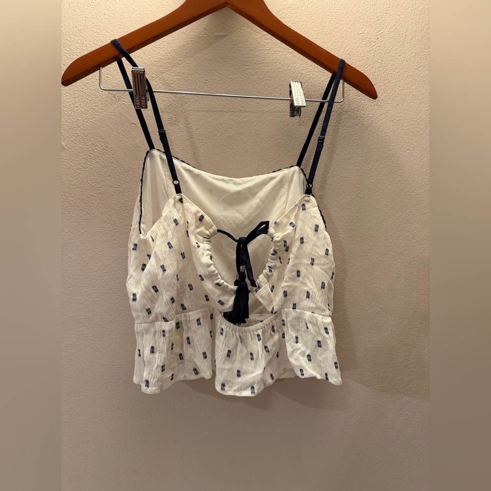 B.O.G Collective White Blue Ikat Peplum Camisole Top with Tassel Back Small - Picture 4 of 5